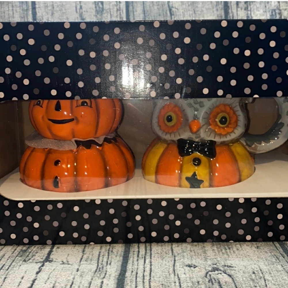 NWT Johanna Parker Halloween Pumpkin /Owl Creamer And Sugar Set NIB
